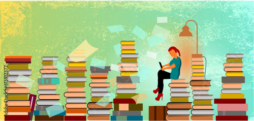 Vector Cartoon Style - Junge Frau mit Laptop und Bücherstapeln - Schreiben, lernen, lesen