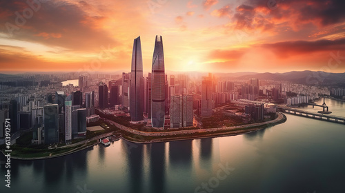 Aerial Drone Sunrise Scene view of Seol Downtown Skyline with Han River. Korea. Financial district business center, Skyscraper and high-rise buildings in smart urban city in Asia, ai generate