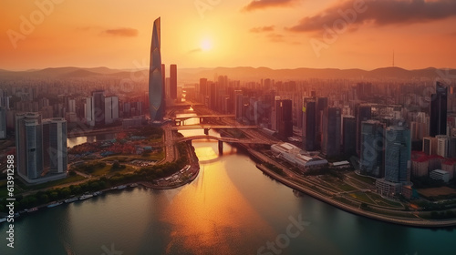 Aerial Drone Sunrise Scene view of Seol Downtown Skyline with Han River. Korea. Financial district business center, Skyscraper and high-rise buildings in smart urban city in Asia, ai generate