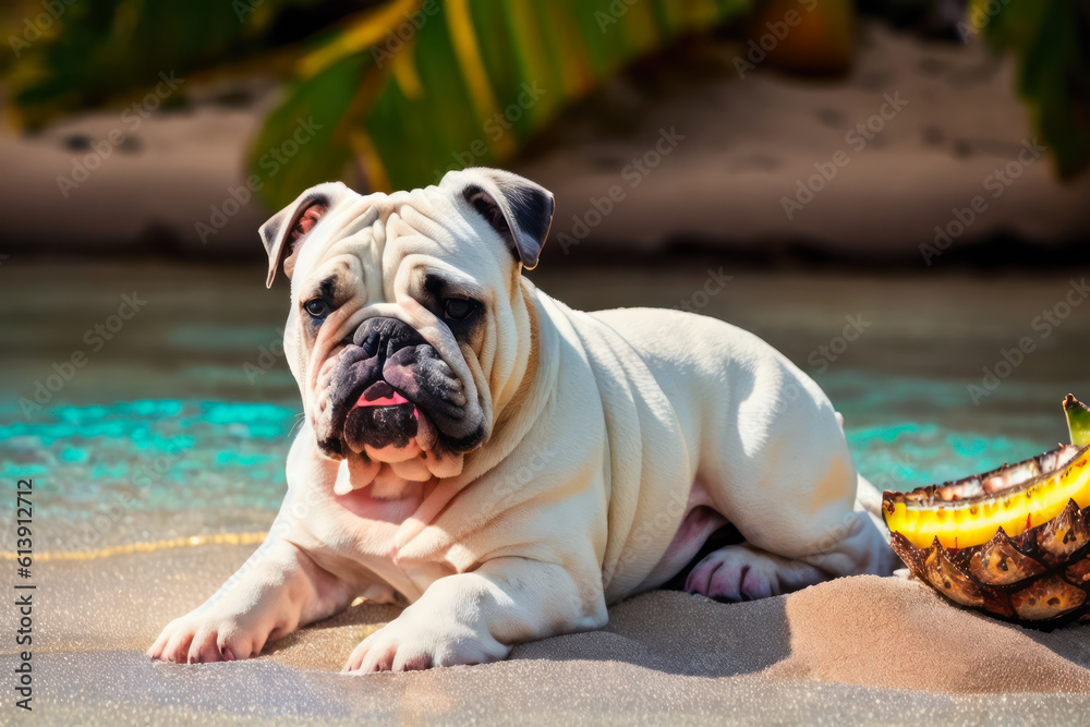 Digital photo of a cute English bulldog  lies on the tropical beach on a sunny day. Wildlife imagery, the concept of ecological environment. Generative AI