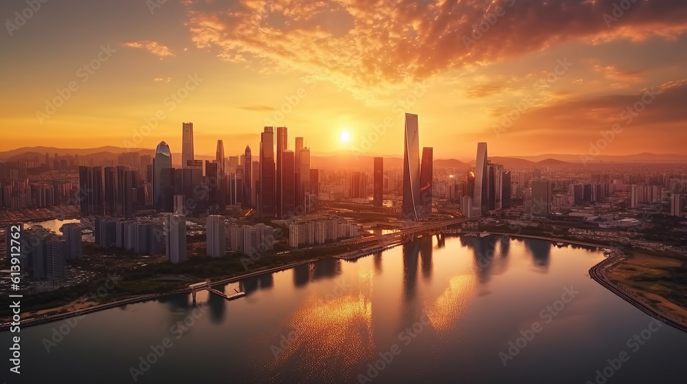 Aerial Drone Sunset Scene view of Seoul Downtown Skyline with Han River. Korea. Financial district business center, Skyscraper and high-rise buildings in smart urban city in Asia, ai generate