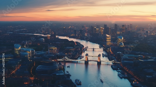 Aerial Drone Sunset Scene view of London Downtown Skyline with Thames River. England. Financial district business center, Skyscraper and high-rise buildings in smart urban city in Europe, ai generate