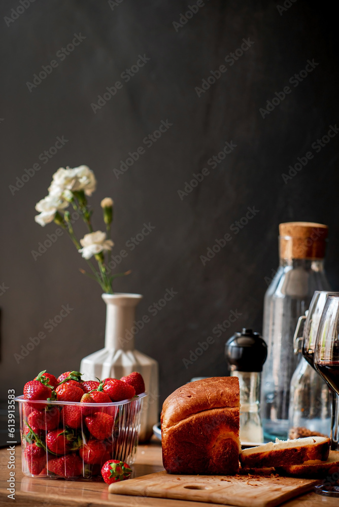 fresh strawberries and wine on kitchen fresh strawberries and wine on kitchen
