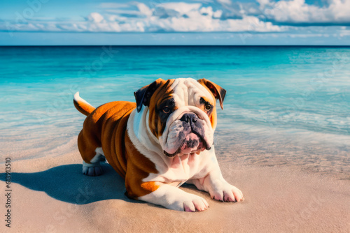 Digital photo of a cute English bulldog  lies on the tropical beach on a sunny day. Wildlife imagery, the concept of ecological environment. Generative AI