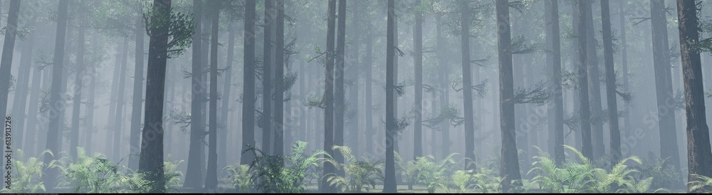 Forest in the fog, trees in the haze, silhouettes of pine trees, 3d rendering Forest in the fog, trees in the haze, silhouettes of pine trees, 3d rendering