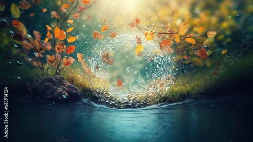 Autumn background with blue water splash and round copy space in the middle. AI generative image.