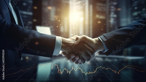 Businessmen handshake on financial diagram background. Business partnership concept. AI generative image.