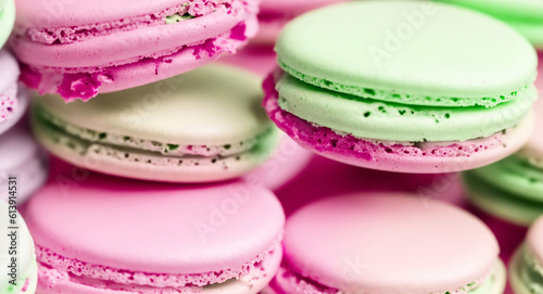 green and pink macarons blur background.Illustration.Generative AI