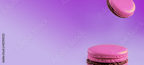 pink macaron closeup blur background. Illustration.Space for text Generative AI
