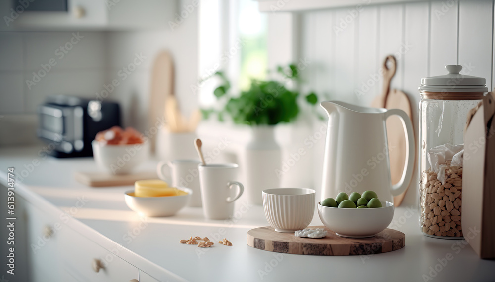 Modern light white kitchen table top with utensils and food for breakfast. Cozy indoor background. AI generative image. Modern light white kitchen table top with utensils and food for breakfast. Cozy indoor background. AI generative image.