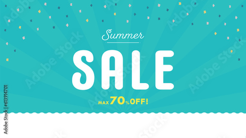 ミントブルーの背景に紙吹雪がキラキラ舞うサマーセール用のPOP･ポスター - MAX 70% OFF- 16:9
