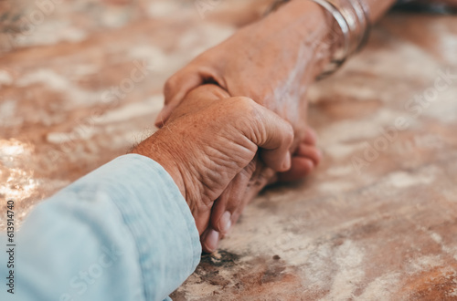 Old people holding hands close up view, senior retired family couple express care and psychological support concept, trust in happy marriage, empathy hope