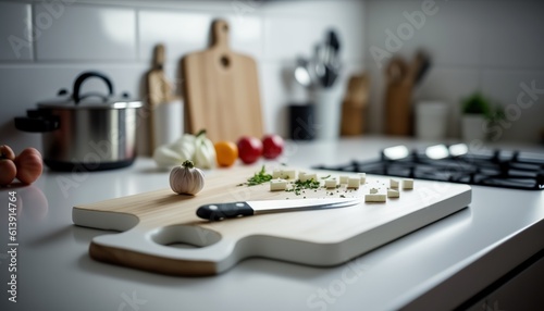 Close up modern kitchen table with cutting or chopping board, vegetables and knife. Indoor background with selective focus. AI generative image.