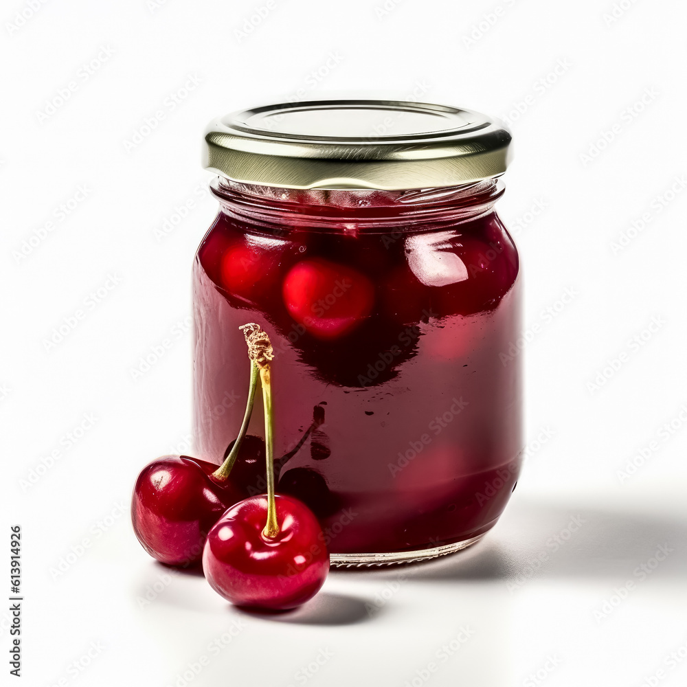 Jar of homemade cherry jam isolated on white background, generative AI Jar of homemade cherry jam isolated on white background, generative AI