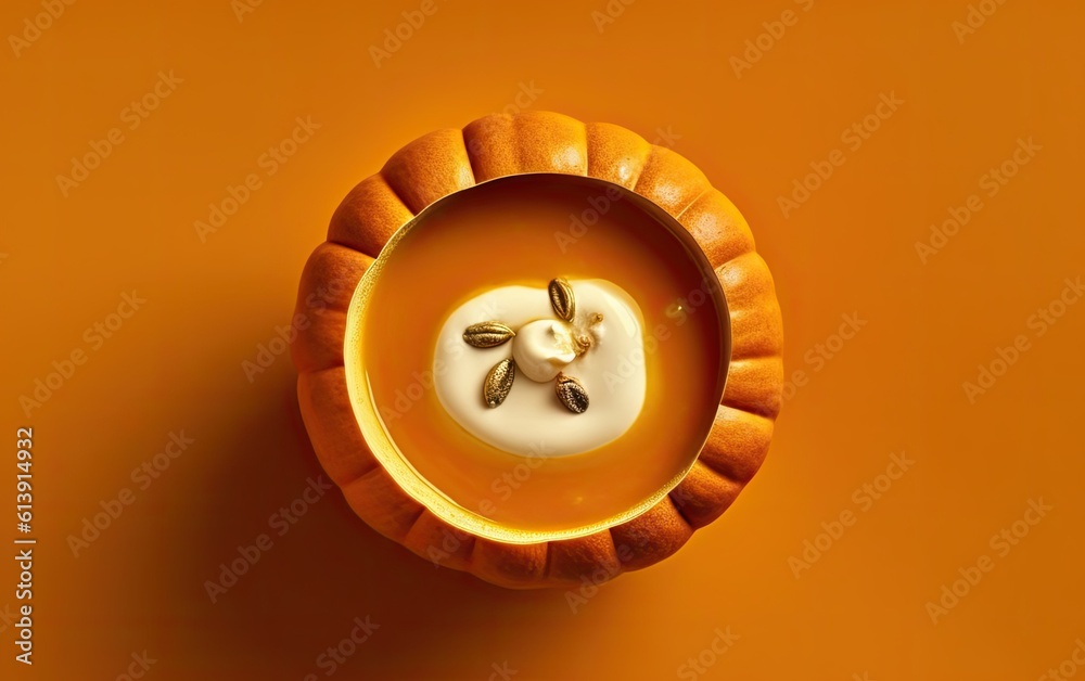 Creamy pumpkin soup inside of cutted pumpkin on isolated background top view angle generative ai