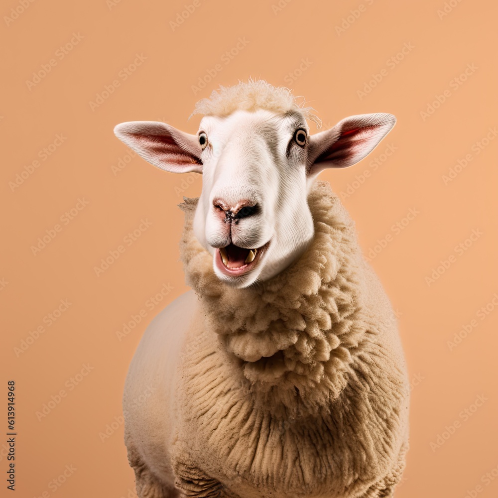 Fototapeta premium Portrait of a sheep with a surprised expression wide open eyes and mouth looking ahead on isolated blue sky background generative ai