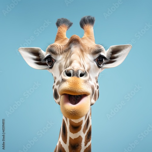 Portrait of a giraffe with a surprised expression wide open eyes and mouth looking ahead on isolated blue sky background generative ai 