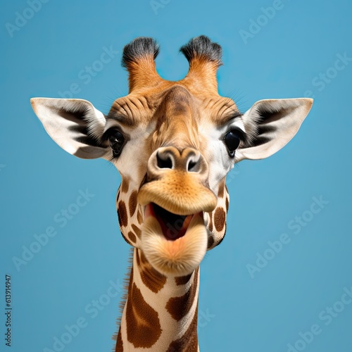 Portrait of a giraffe with a surprised expression wide open eyes and mouth looking ahead on isolated blue sky background generative ai