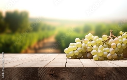Wooden table for product display with blurred grape plantation background and grapes on table with empty space for product generative ai
