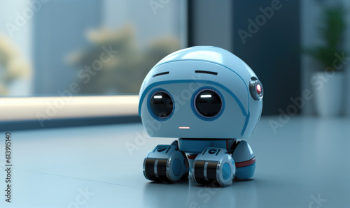Little cute robot getting social, android robot, near-future technology concept.