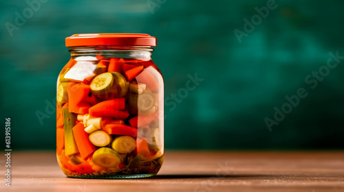 Jar of homemade pickled Giardiniera isolated on solid background, generative A