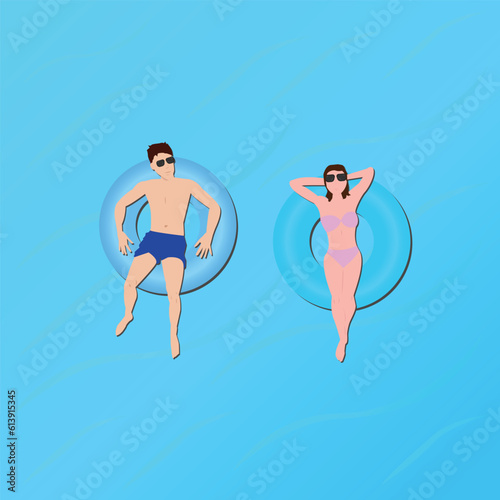 man and woman on floating rings on water, ocean, sea, beach, vacation, pool