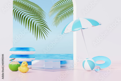 3D render Summer vacation abstract product display, Minimal Realistic Display Podium in the blue ocean sea background concept, Cosmetics with tropical summer island, umbrella, inflatable ring.