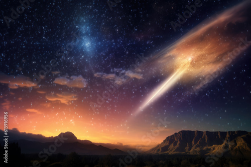 A falling comet against a fantastic night sky full of bright stars and nebulae. Generative AI.