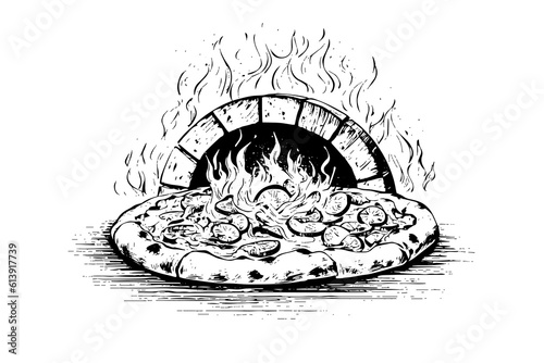 Hot pizza from the oven sketch hand drawn engraving style Vector illustration 