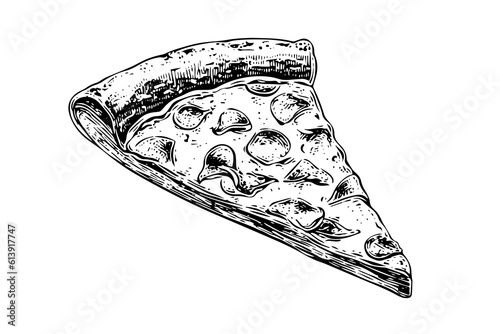 Slice of pizza hand drawn engraving style vector illustration