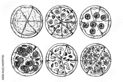 Set of italian pizza sketch hand drawn engraving style Vector illustration pack