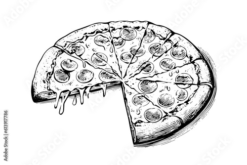 Sliced pizza sketch hand drawn engraving style Vector illustration.