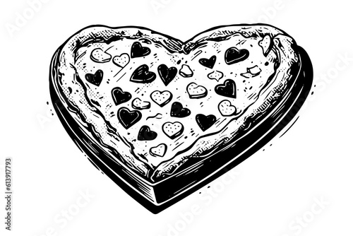 Heart-shaped pizza sketch hand drawn engraving style Vector illustration
