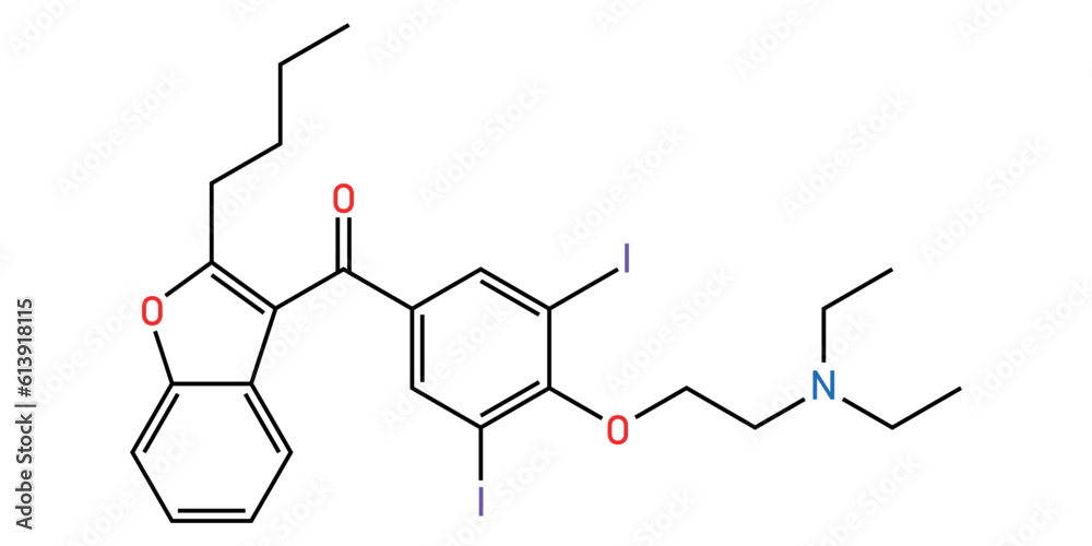 Chemical structure of Amiodarone (C25H29I2NO3). Chemical resources for ...
