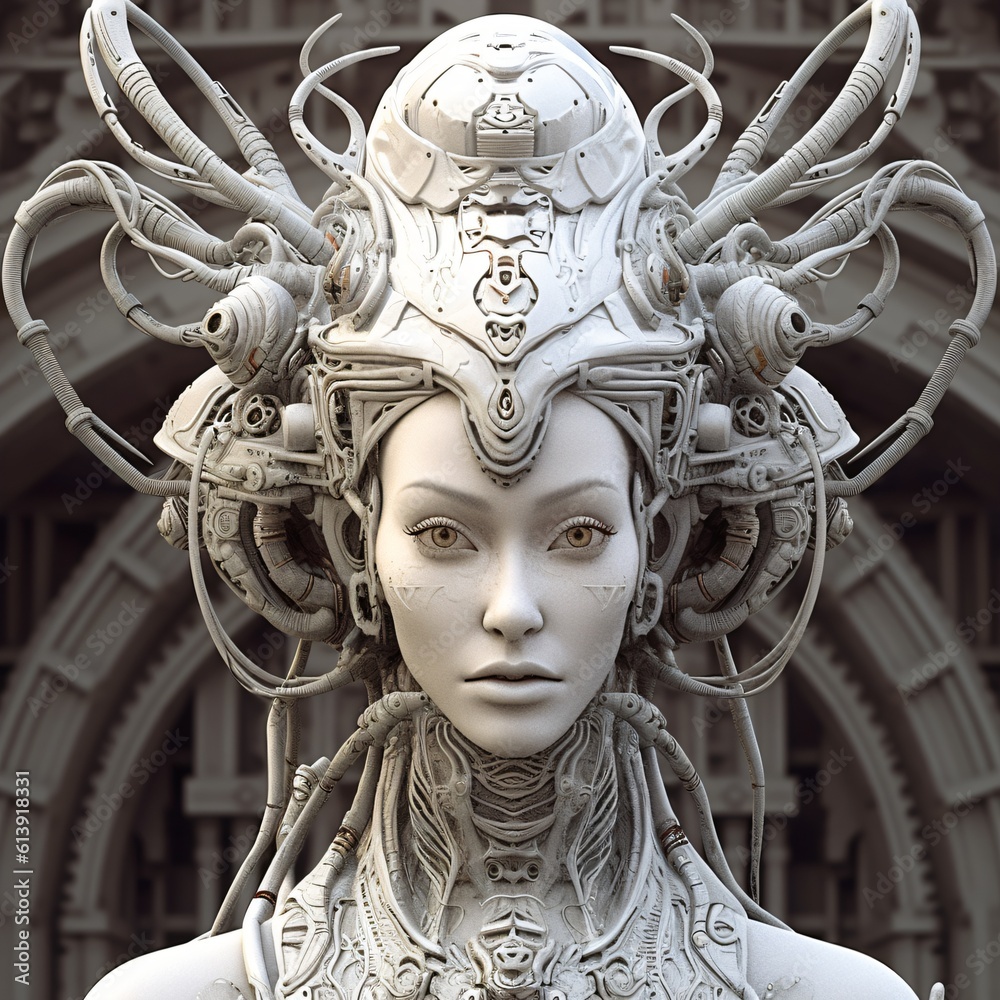 surreal female portrait with crazy alien headdress, fictional person created with generative ai