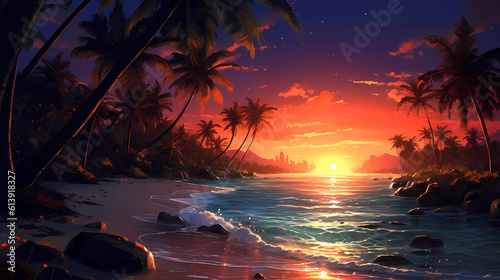 Tropical Night Sea Beach Illustration Generative AI