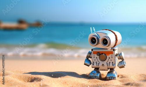 Little cute robot on the beac, cartoon style, mini robot, android robot, near-future technology