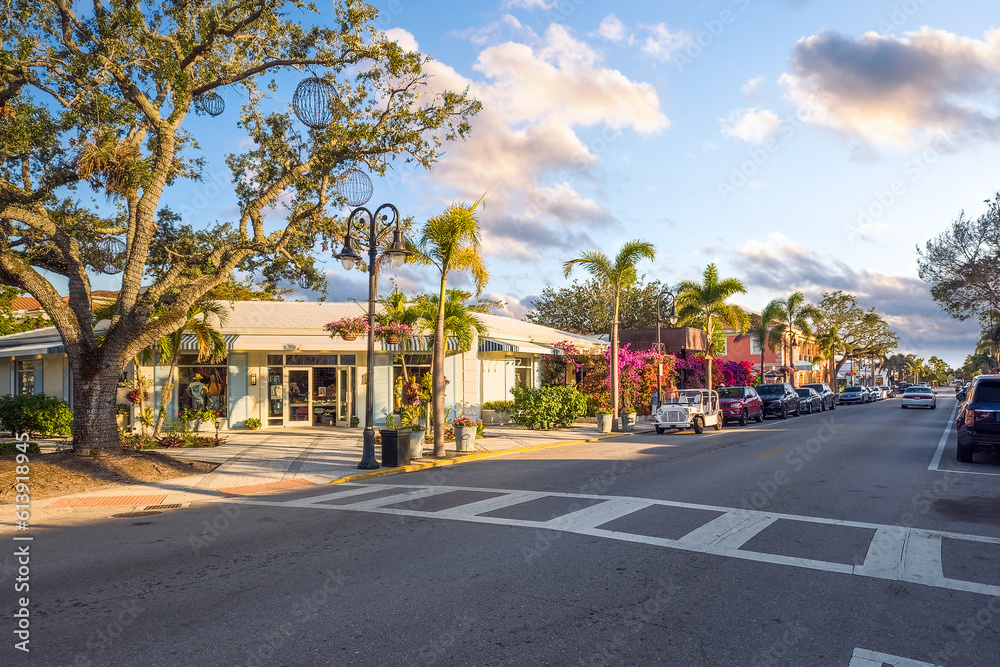 View of 3rd street in Naples, Florida. Naples is mostly known for its high-priced homes, white-sand beaches, and numerous golf courses
