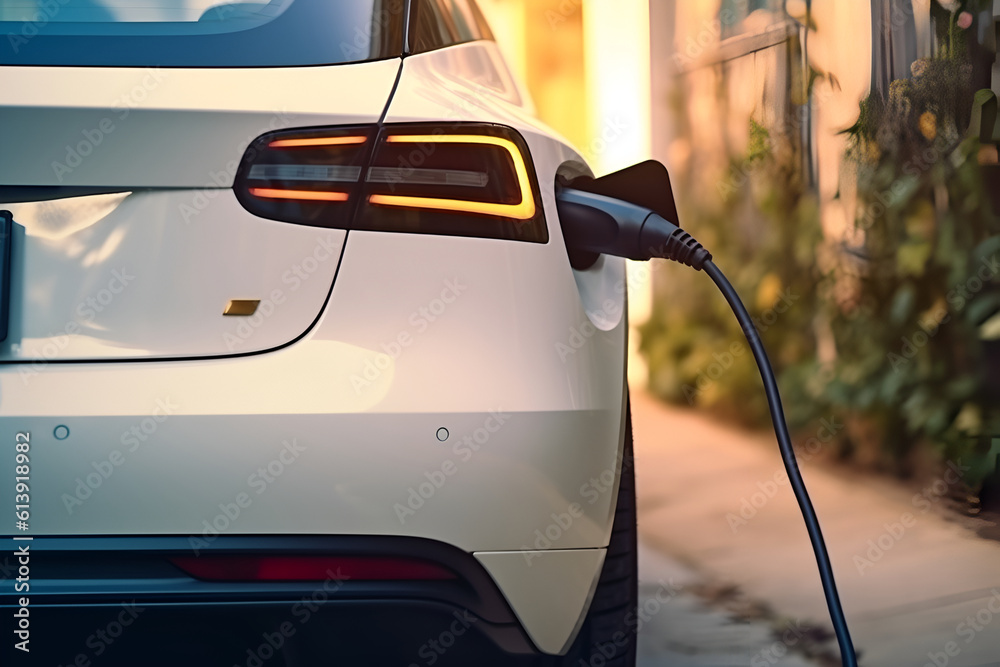 Fototapeta premium A white electric car is charging, the back view. AI generated