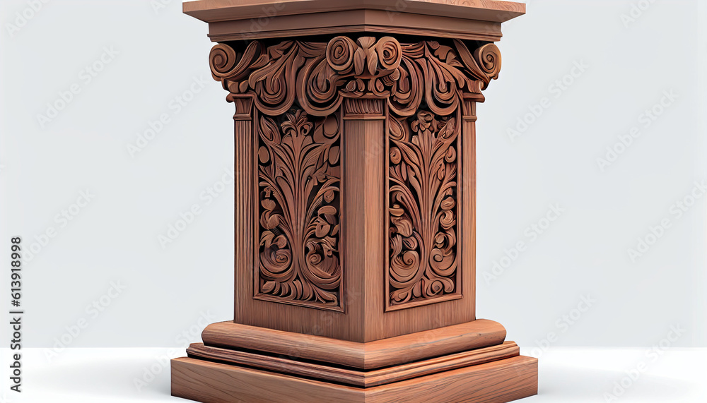 Fototapeta premium Ornate wood podium isolated on a white background Ai generated image
