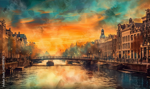 city at sunset with bridge over river. Generative AI image. © Ilona