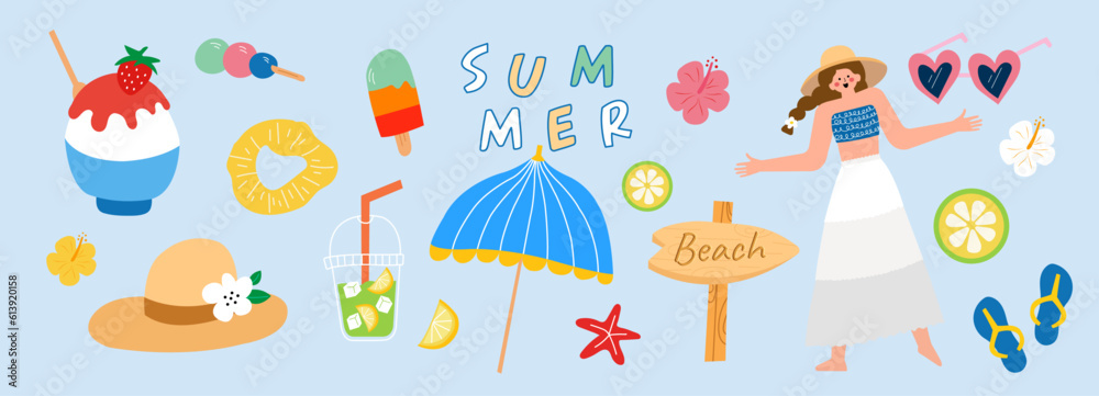 summer collection illustration. Banner, vector, coconut tree, human, umbrella, beach wood sign, sunglasses, starfish, bingsu, ice cream, lemon and lemon juice