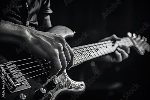 a photo of a hand on a bass playing, in the style of monochrome toning Generative AI