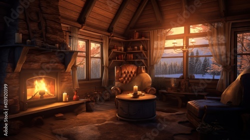 Warm and inviting interior scene of a cozy cabin, with a crackling fireplace, comfortable armchairs, and soft candlelight