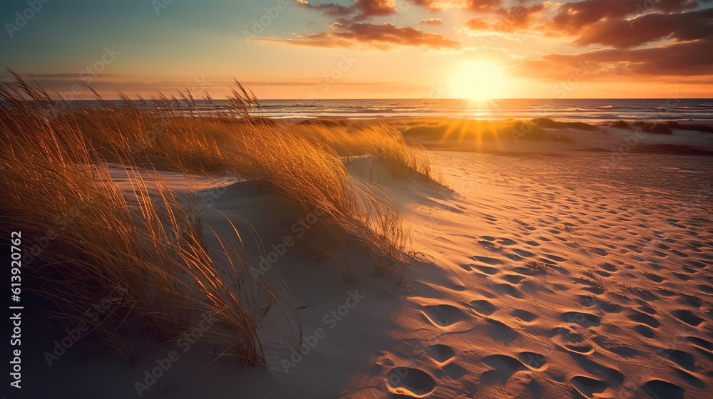 Idyllic beach picture with dunes and grass sunset, sea and ocean. Generative AI