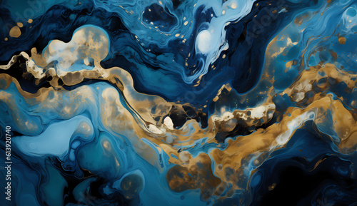 abstract blue and gold liquid paint composition