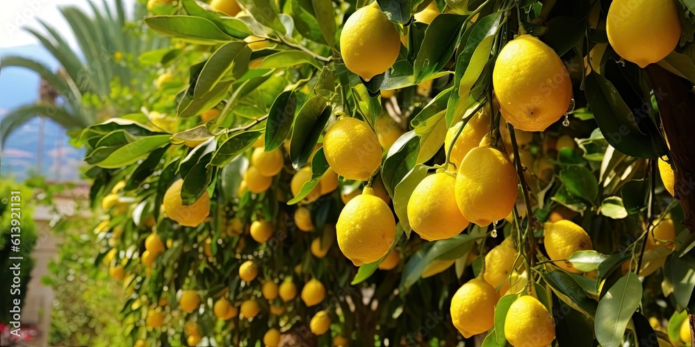 Ripe Lemons on Tree in Mediterranean Garden - AI Generated