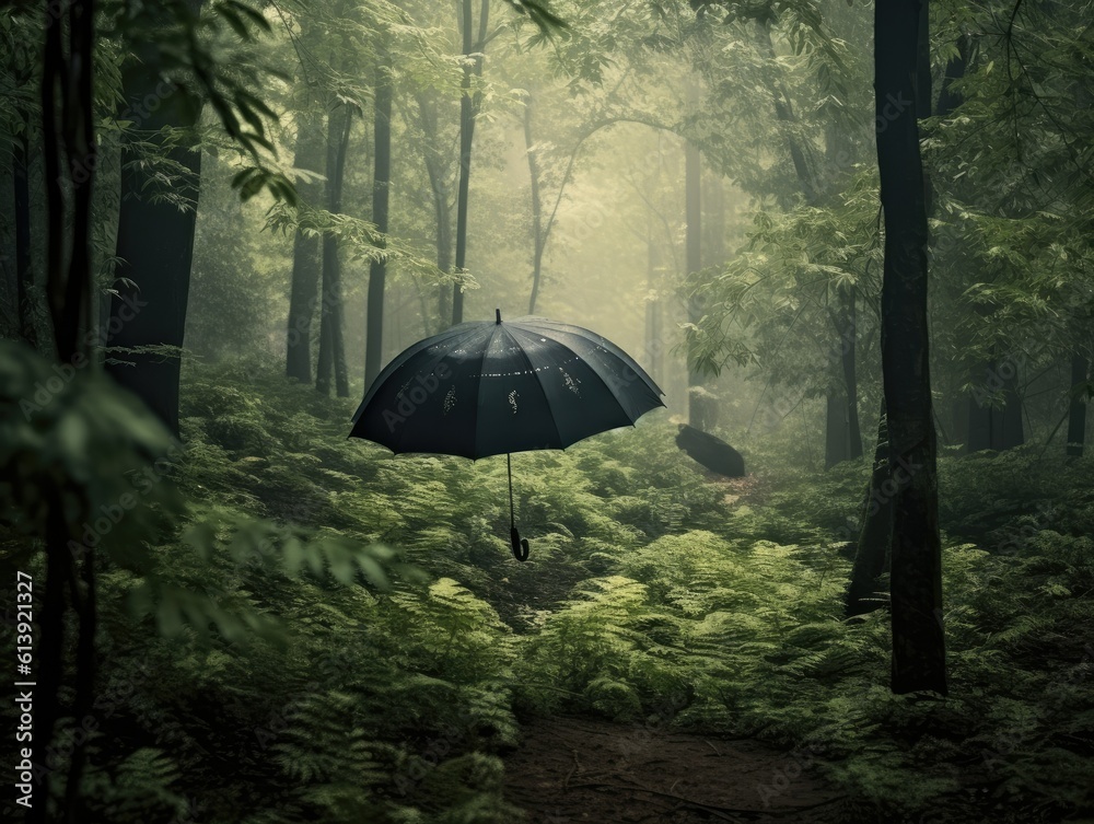 Mysterious Black Umbrella in Misty Forest - AI Generated