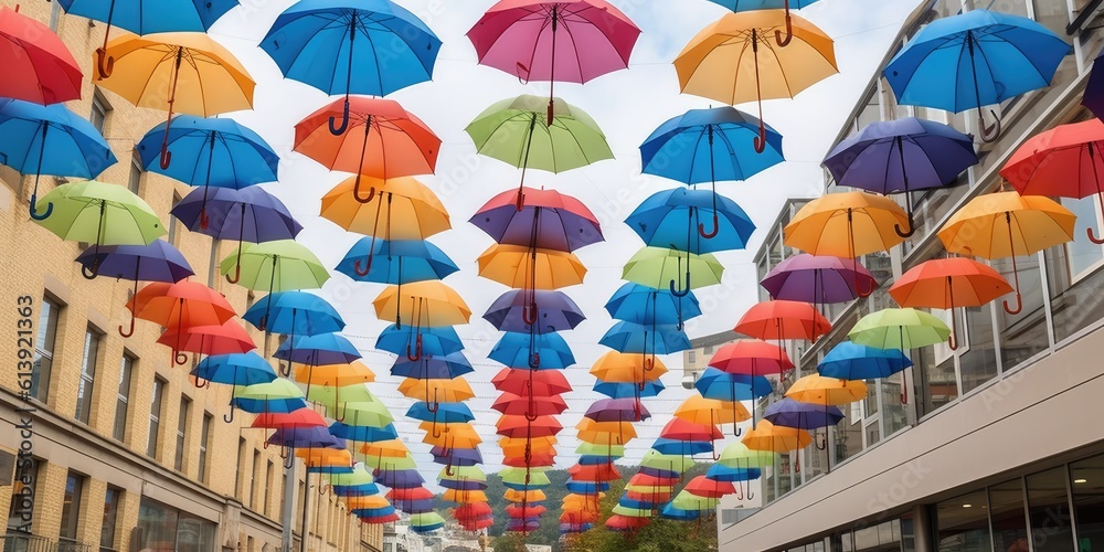 Vibrant Umbrellas Street Art Installation - AI Generated