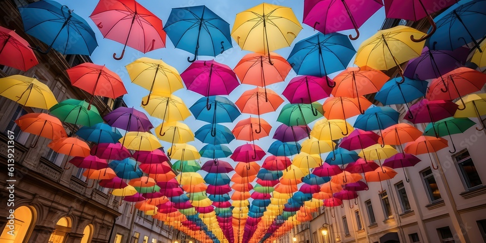 Fototapeta premium Vibrant Umbrellas Street Art Installation - AI Generated